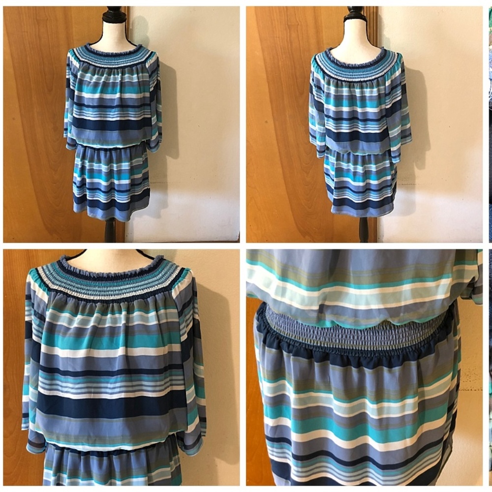 Blue Stripe Shirred Lined Bell Sleeve Dress